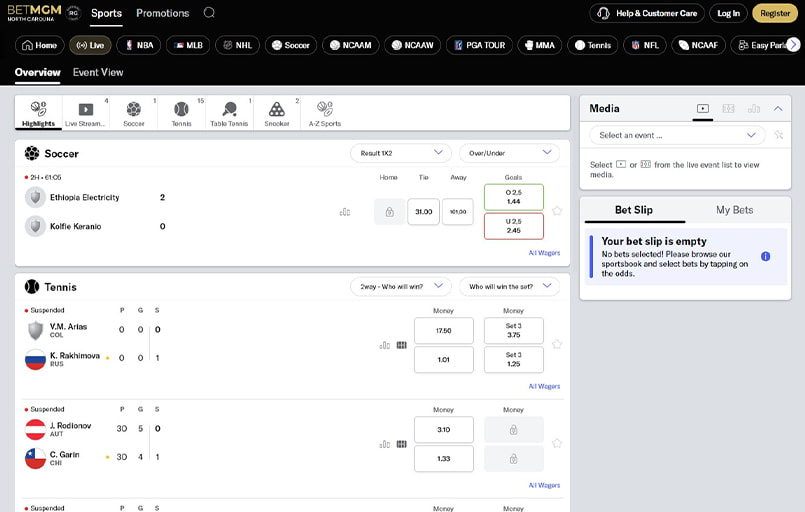 The BetMGM live interface.